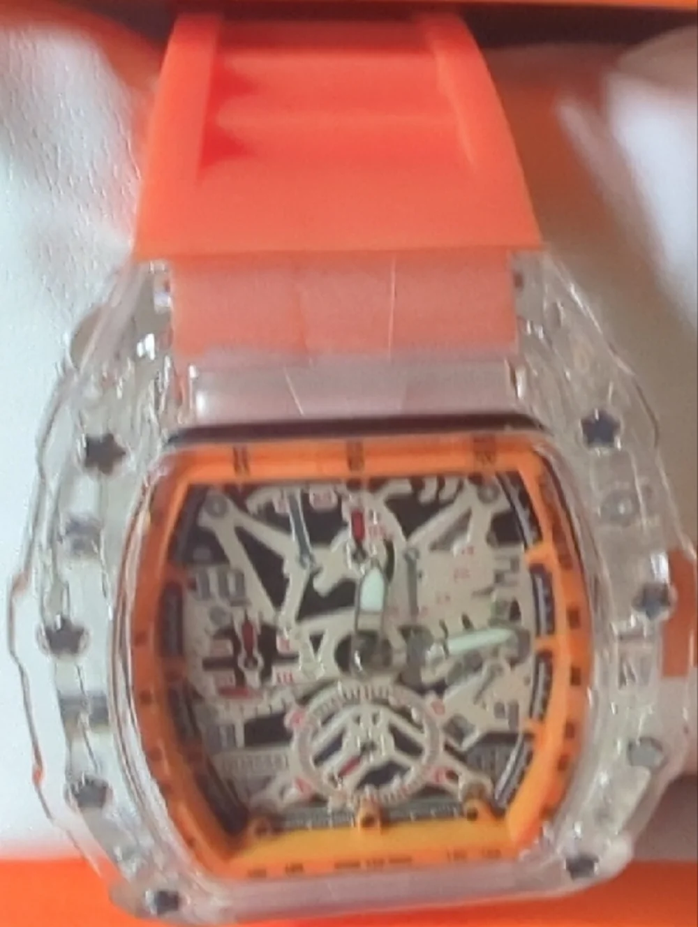 Transparent Case Orange Strap Skeleton Dial Sport Watch